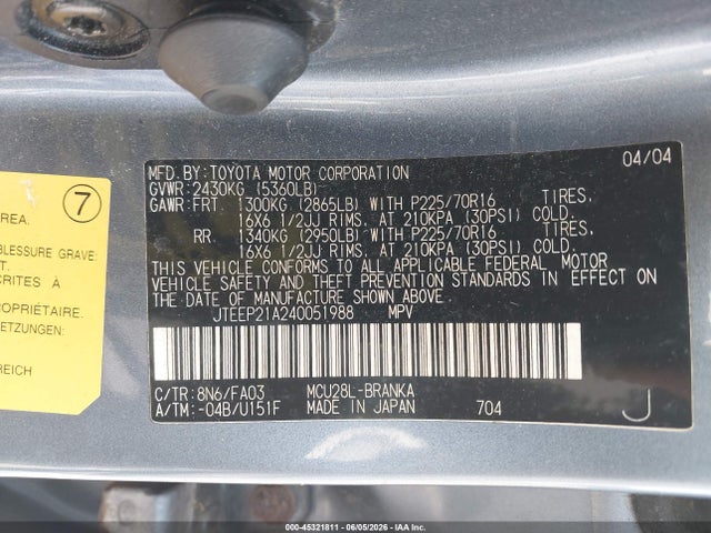 Aukcja sprzedaży 2004 Toyota Highlander V6, vin: JTEEP21A240051988, numer aukcji: 45321811