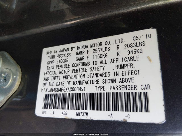 2010 Acura Tsx 3.5 მანქანა იყიდება აუქციონზე, vin: JH4CU4F6XAC003491, აუქციონის ნომერი: 45321816