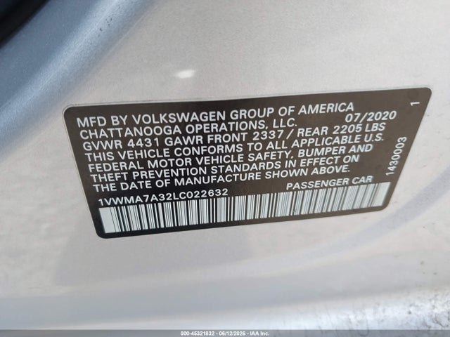 2020 Volkswagen Passat 2.0t R-line მანქანა იყიდება აუქციონზე, vin: 1VWMA7A32LC022632, აუქციონის ნომერი: 45321832
