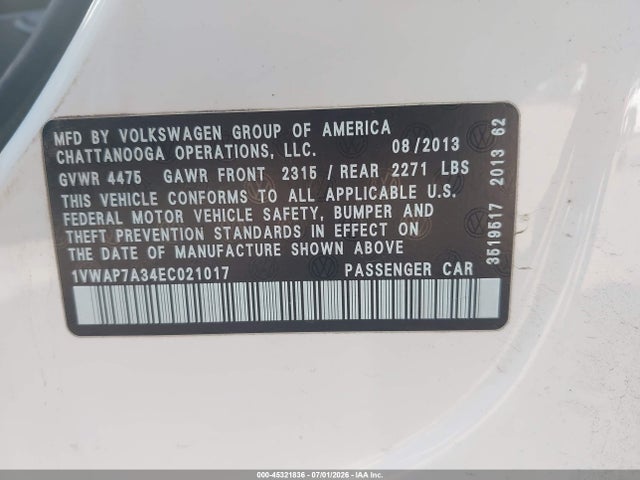 Продажа на аукционе авто 2014 Volkswagen Passat 2.5l S, vin: 1VWAP7A34EC021017, номер лота: 45321836