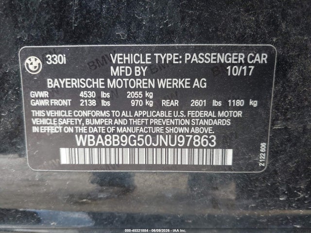 45321884 :رقم المزاد ، WBA8B9G50JNU97863 vin ، 2018 Bmw 330i مزاد بيع