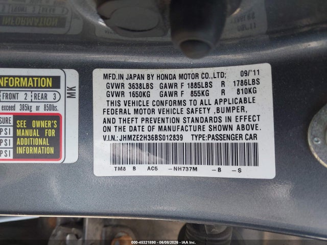 Aukcja sprzedaży 2011 Honda Insight, vin: JHMZE2H36BS012839, numer aukcji: 45321890