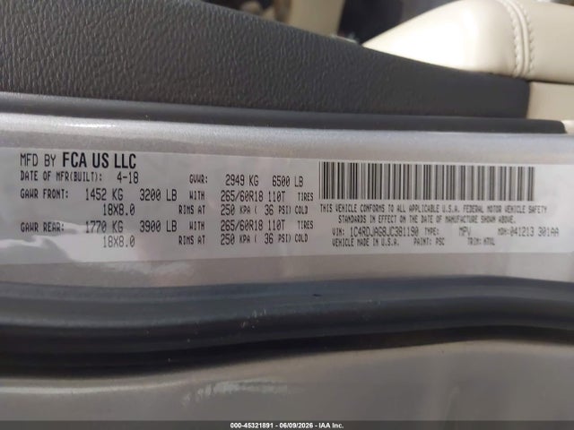 1C4RDJAG8JC381190 Dodge Durango Sxt Awd