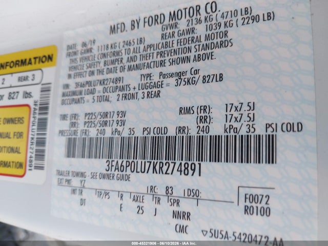 Ford Fusion Hybrid Se 2019 3FA6P0LU7KR274891 Image 9
