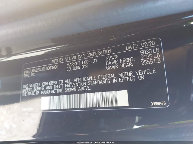 2020 Volvo S60 T6 Inscription მანქანა იყიდება აუქციონზე, vin: 7JRA22TL6LG063990, აუქციონის ნომერი: 45321929