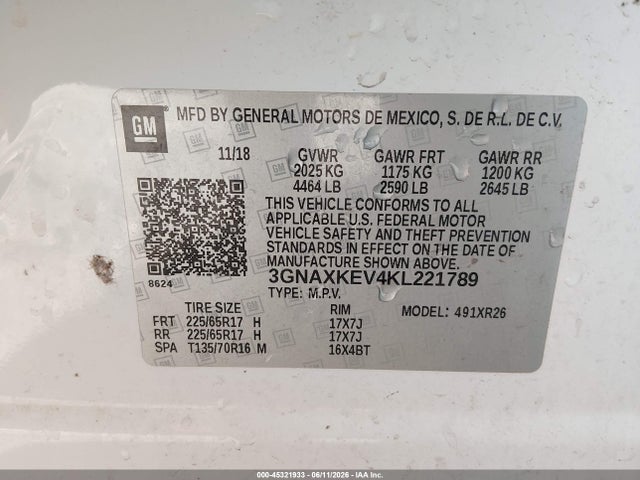 45321933 :رقم المزاد ، 3GNAXKEV4KL221789 vin ، 2019 Chevrolet Equinox Lt مزاد بيع