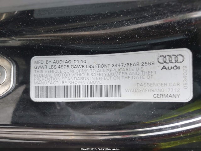 2010 Audi A5 2.0t Premium მანქანა იყიდება აუქციონზე, vin: WAUAFAFH9AN017712, აუქციონის ნომერი: 45321937