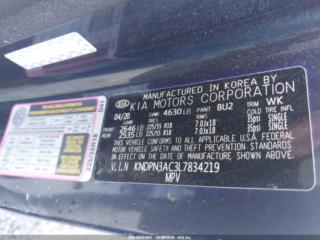45321947 :رقم المزاد ، KNDPN3AC3L7834219 vin ، 2020 Kia Sportage Ex مزاد بيع