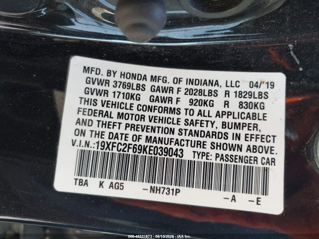 Honda Civic Lx 2019 19XFC2F69KE039043 Image 9