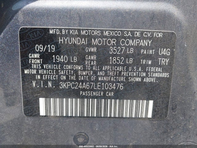 45322002 :رقم المزاد ، 3KPC24A67LE103476 vin ، 2020 Hyundai Accent Se مزاد بيع