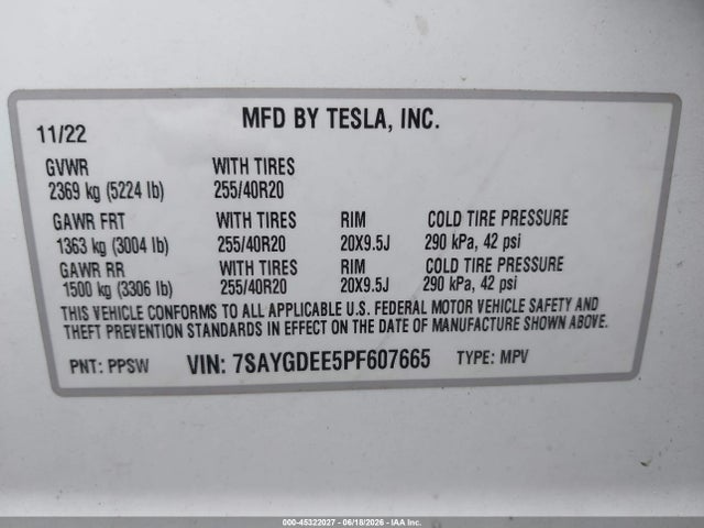 2023 Tesla Model Y Awd/long Range Dual Motor All-wheel Drive მანქანა იყიდება აუქციონზე, vin: 7SAYGDEE5PF607665, აუქციონის ნომერი: 45322027