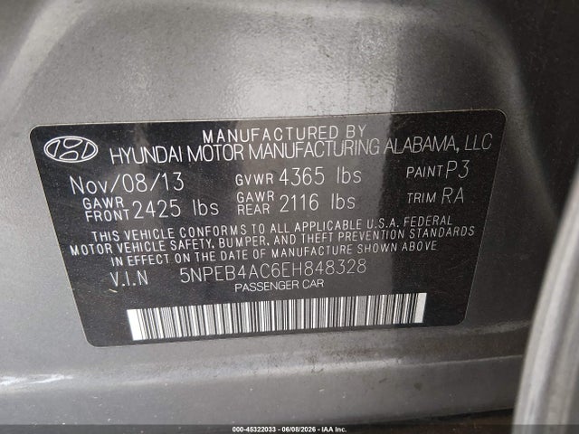 Продаж на аукціоні авто 2014 Hyundai Sonata Gls, vin: 5NPEB4AC6EH848328, номер лоту: 45322033