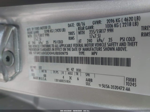 Продажа на аукционе авто 2017 Ford Escape Se, vin: 1FMCU0GD0HUB50975, номер лота: 45322040