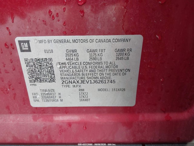 Продаж на аукціоні авто 2018 Chevrolet Equinox Lt, vin: 2GNAXJEV1J6261745, номер лоту: 45322068