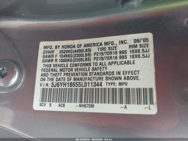 45322075 :رقم المزاد ، 5J6YH18655L011344 vin ، 2005 Honda Element Ex مزاد بيع