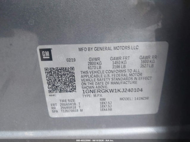 1GNERGKW1KJ240104 Chevrolet Traverse 1lt