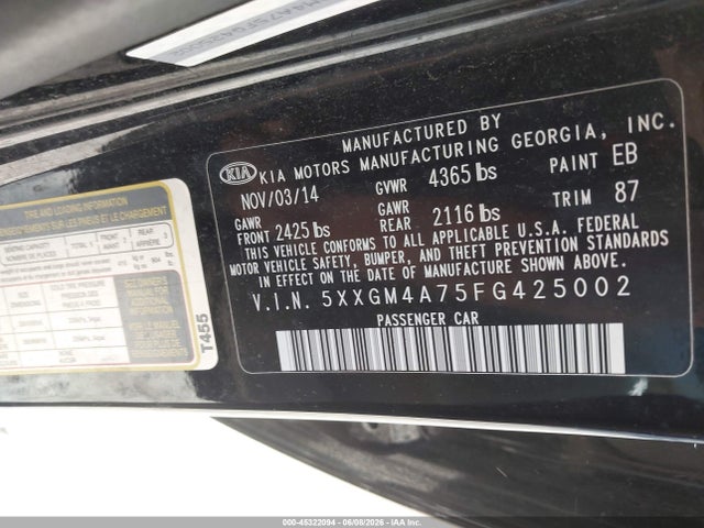 2015 Kia Optima Lx მანქანა იყიდება აუქციონზე, vin: 5XXGM4A75FG425002, აუქციონის ნომერი: 45322094