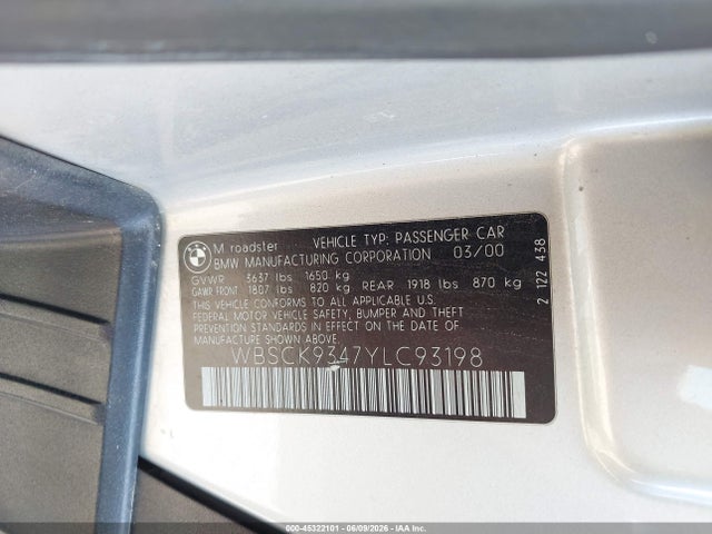 2000 Bmw M მანქანა იყიდება აუქციონზე, vin: WBSCK9347YLC93198, აუქციონის ნომერი: 45322101
