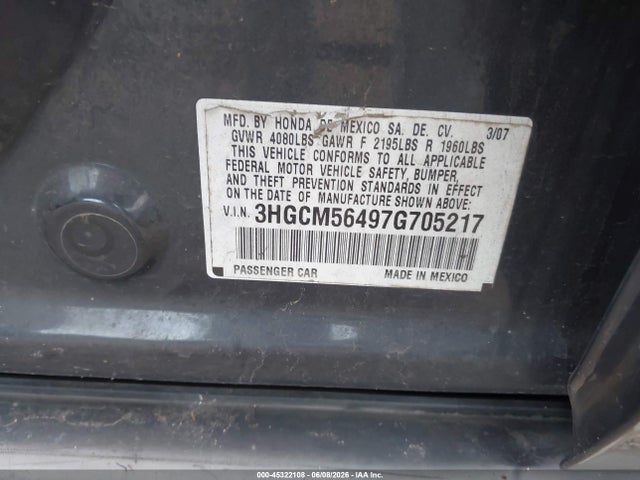 45322108 :رقم المزاد ، 3HGCM56497G705217 vin ، 2007 Honda Accord 2.4 Lx مزاد بيع