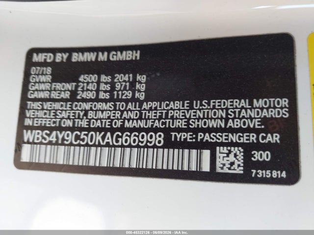 45322126 :رقم المزاد ، WBS4Y9C50KAG66998 vin ، 2019 Bmw M4 مزاد بيع
