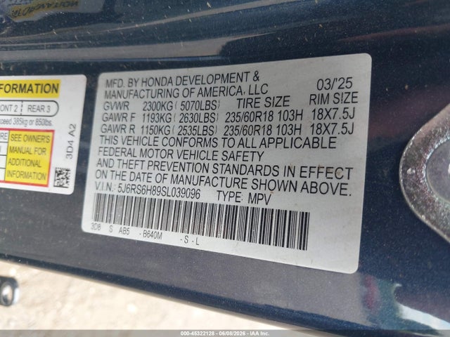 Aukcja sprzedaży 2025 Honda Cr-v Hybrid Sport-l, vin: 5J6RS6H89SL039096, numer aukcji: 45322128