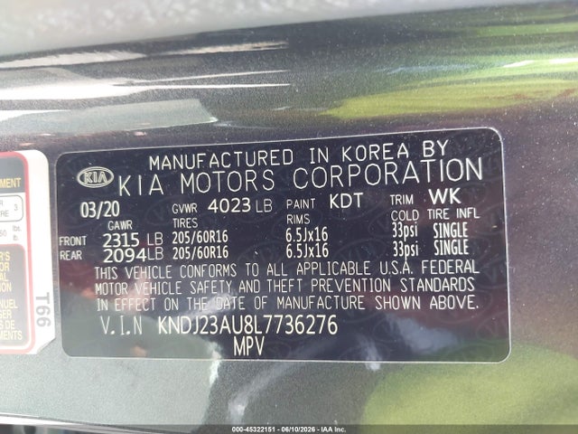 Aukcja sprzedaży 2020 Kia Soul S, vin: KNDJ23AU8L7736276, numer aukcji: 45322151