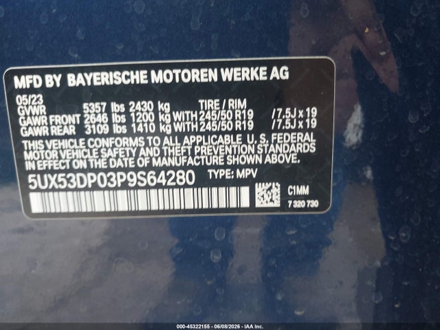45322155 :رقم المزاد ، 5UX53DP03P9S64280 vin ، 2023 Bmw X3 Xdrive30i مزاد بيع