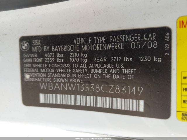 45322170 :رقم المزاد ، WBANW13538CZ83149 vin ، 2008 Bmw 535i مزاد بيع