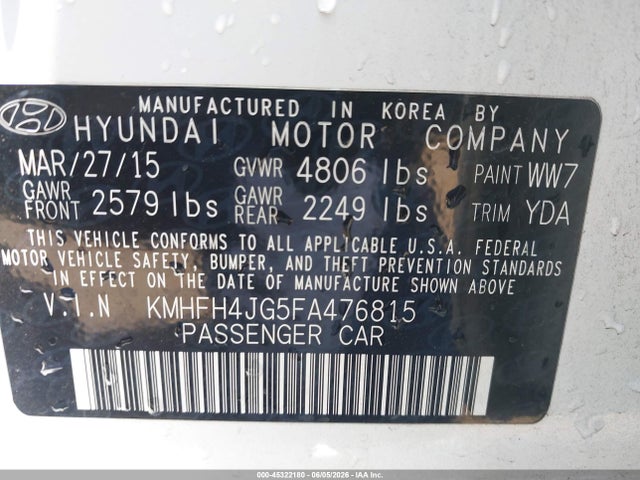 Продажа на аукционе авто 2015 Hyundai Azera Limited, vin: KMHFH4JG5FA476815, номер лота: 45322180
