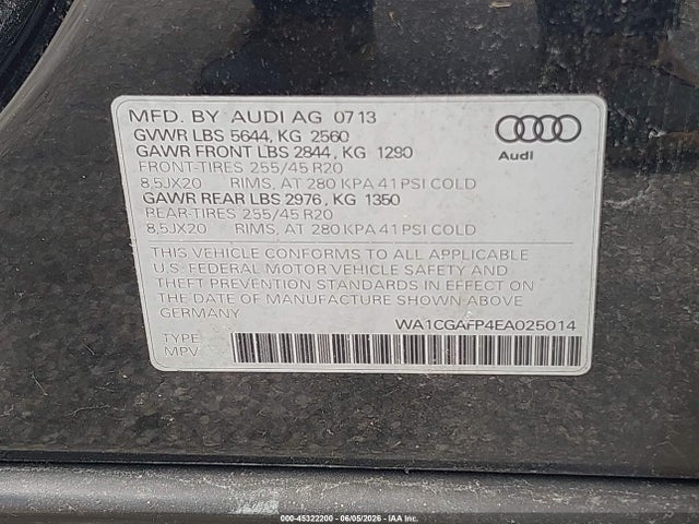 45322200 :رقم المزاد ، WA1CGAFP4EA025014 vin ، 2014 Audi Sq5 3.0t Premium Plus مزاد بيع