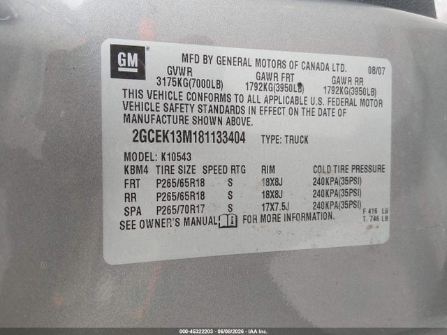 Aukcja sprzedaży 2008 Chevrolet Silverado 1500 Ltz, vin: 2GCEK13M181133404, numer aukcji: 45322203