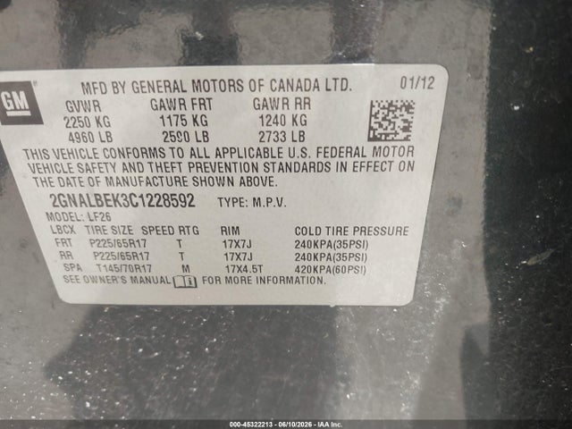 Aukcja sprzedaży 2012 Chevrolet Equinox Ls, vin: 2GNALBEK3C1228592, numer aukcji: 45322213