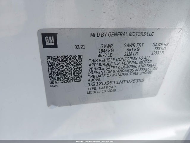45322220 :رقم المزاد ، 1G1ZD5ST1MF075303 vin ، 2021 Chevrolet Malibu Fwd Lt مزاد بيع