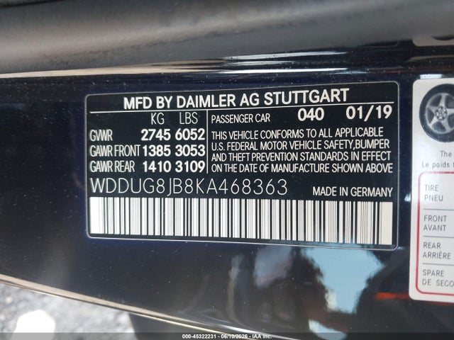 45322231 :رقم المزاد ، WDDUG8JB8KA468363 vin ، 2019 Mercedes-benz Amg S 63 4matic مزاد بيع