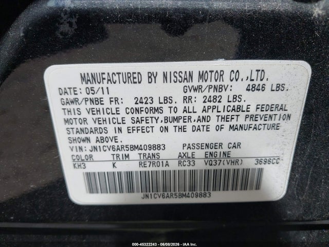 45322243 :رقم المزاد ، JN1CV6AR5BM409883 vin ، 2011 Infiniti G37x مزاد بيع