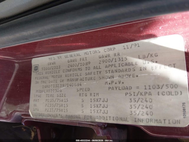 1992 Chevrolet Blazer S10 მანქანა იყიდება აუქციონზე, vin: 1GNDT13Z3N2140684, აუქციონის ნომერი: 45322244