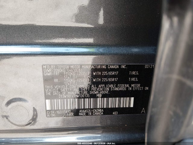 45322246 :رقم المزاد ، 2T3W1RFVXMW136135 vin ، 2021 Toyota Rav4 Xle مزاد بيع
