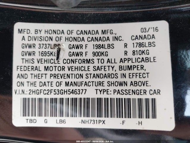Honda Civic Lx 2016 2HGFC2F53GH546377 Image 9