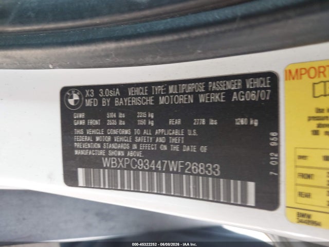 45322252 :رقم المزاد ، WBXPC93447WF26833 vin ، 2007 Bmw X3 3.0si مزاد بيع