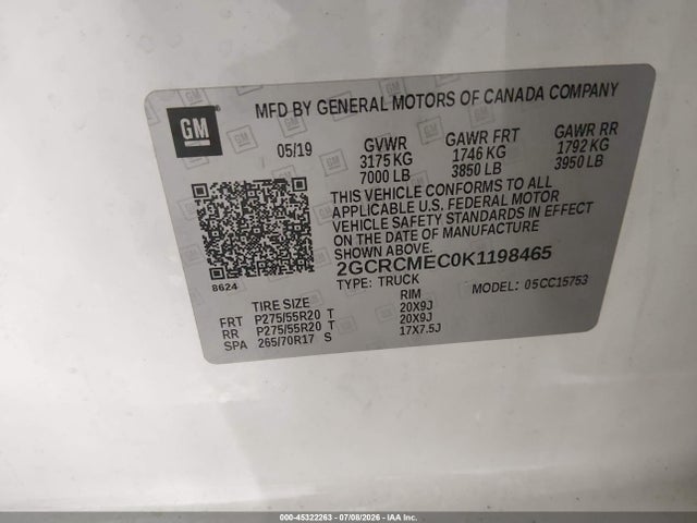 45322263 :رقم المزاد ، 2GCRCMEC0K1198465 vin ، 2019 Chevrolet Silverado 1500 Ld Silverado Custom مزاد بيع