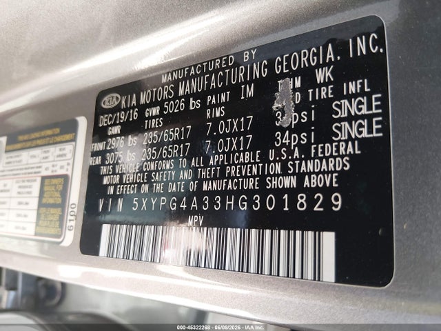 45322268 :رقم المزاد ، 5XYPG4A33HG301829 vin ، 2017 Kia Sorento 2.4l Lx مزاد بيع