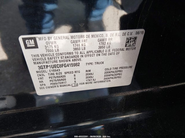 2015 Gmc Sierra 1500 Sle მანქანა იყიდება აუქციონზე, vin: 3GTP1UEC8FG415982, აუქციონის ნომერი: 45322281