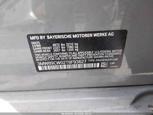 2026 Bmw 330i Xdrive Na მანქანა იყიდება აუქციონზე, vin: 3MW89CW02T8F93627, აუქციონის ნომერი: 45322292