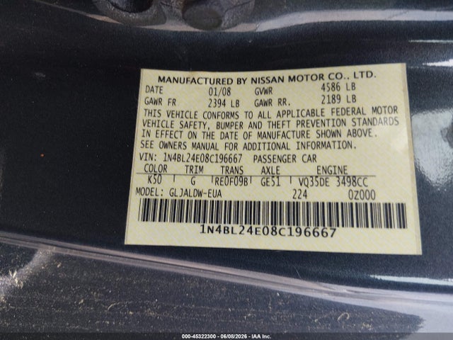 Aukcja sprzedaży 2008 Nissan Altima 3.5 Se, vin: 1N4BL24EO8C196667, numer aukcji: 45322300