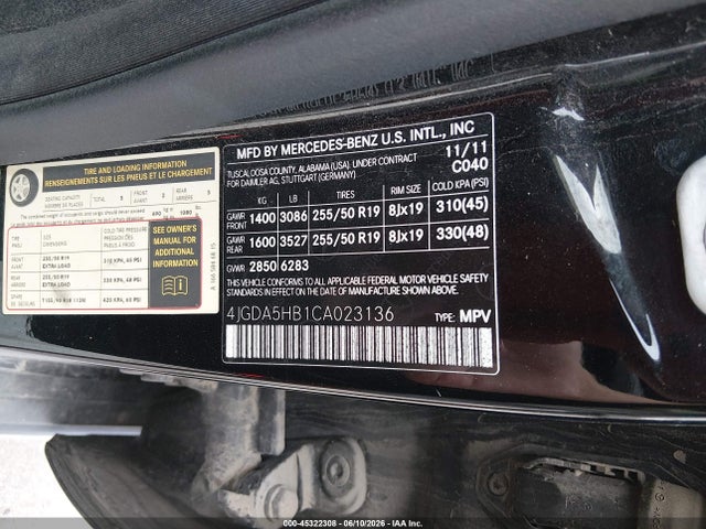 Продажа на аукционе авто 2012 Mercedes-benz Ml 350 4matic, vin: 4JGDA5HB1CA023136, номер лота: 45322308