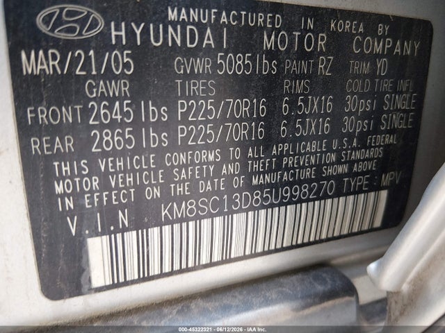 45322321 :رقم المزاد ، KM8SC13D85U998270 vin ، 2005 Hyundai Santa Fe Gls مزاد بيع