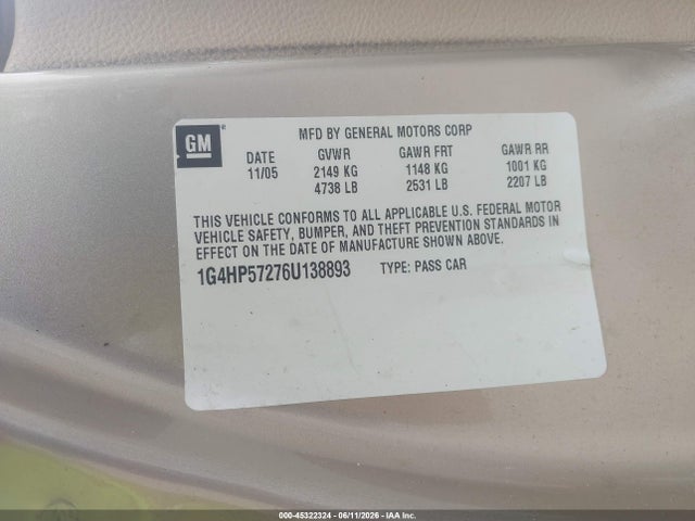 2006 Buick Lucerne Cx მანქანა იყიდება აუქციონზე, vin: 1G4HP57276U138893, აუქციონის ნომერი: 45322324