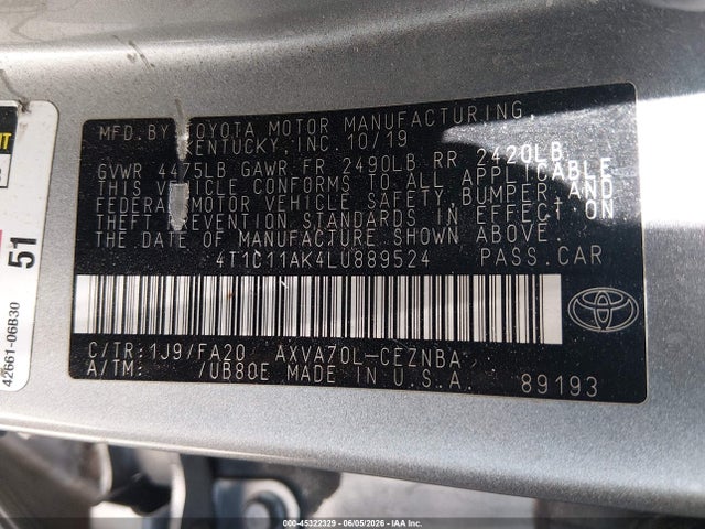 Продаж на аукціоні авто 2020 Toyota Camry Le, vin: 4T1C11AK4LU889524, номер лоту: 45322329