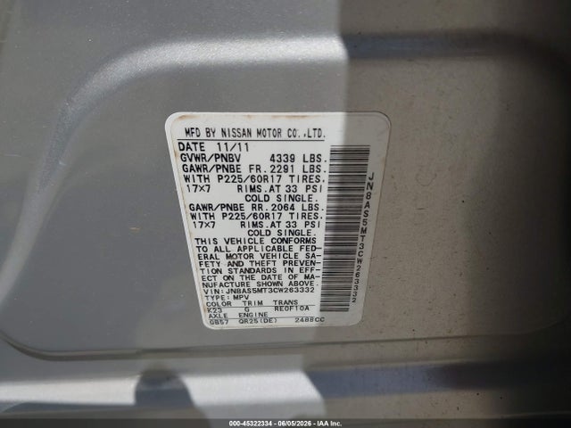 Auction sale of the 2012 Nissan Rogue Sv, vin: JN8AS5MT3CW263332, lot number: 45322334