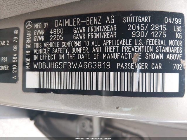 Продажа на аукционе авто 1998 Mercedes-benz E 320, vin: WDBJH65F3WA663819, номер лота: 45322348